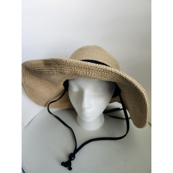 SOLAR ESCAPE Woven Sun Hat Wide Brim Beige w Black Band One Size Adjustable Brim - Picture 6 of 6